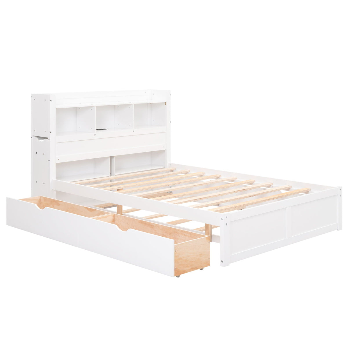 Full Size Storage Platform Bed with Pull-Out Shelves, Trundle, and 2 Drawers - White or Dark Brown