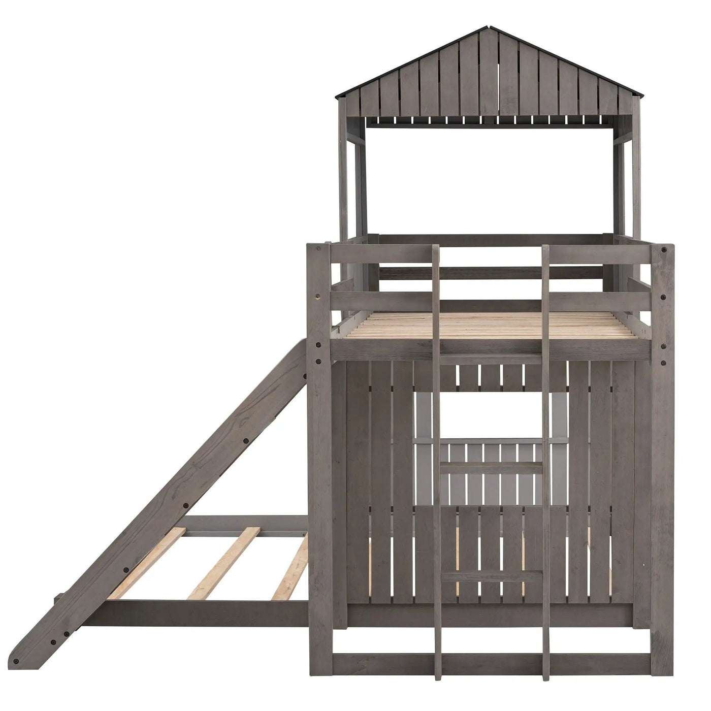 Loft Bunk Bed With Playhouse, Farmhouse, Ladder, Slide And Guardrails by HouseOfZazla