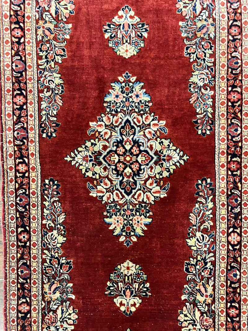 Persian Sarouk Runner Rug 2.7 x 6, Semi Open Field, Red, Handmade Hand Knotted, Wool Oriental Carpet, Vintage Semi Antique by Jewel Rugs