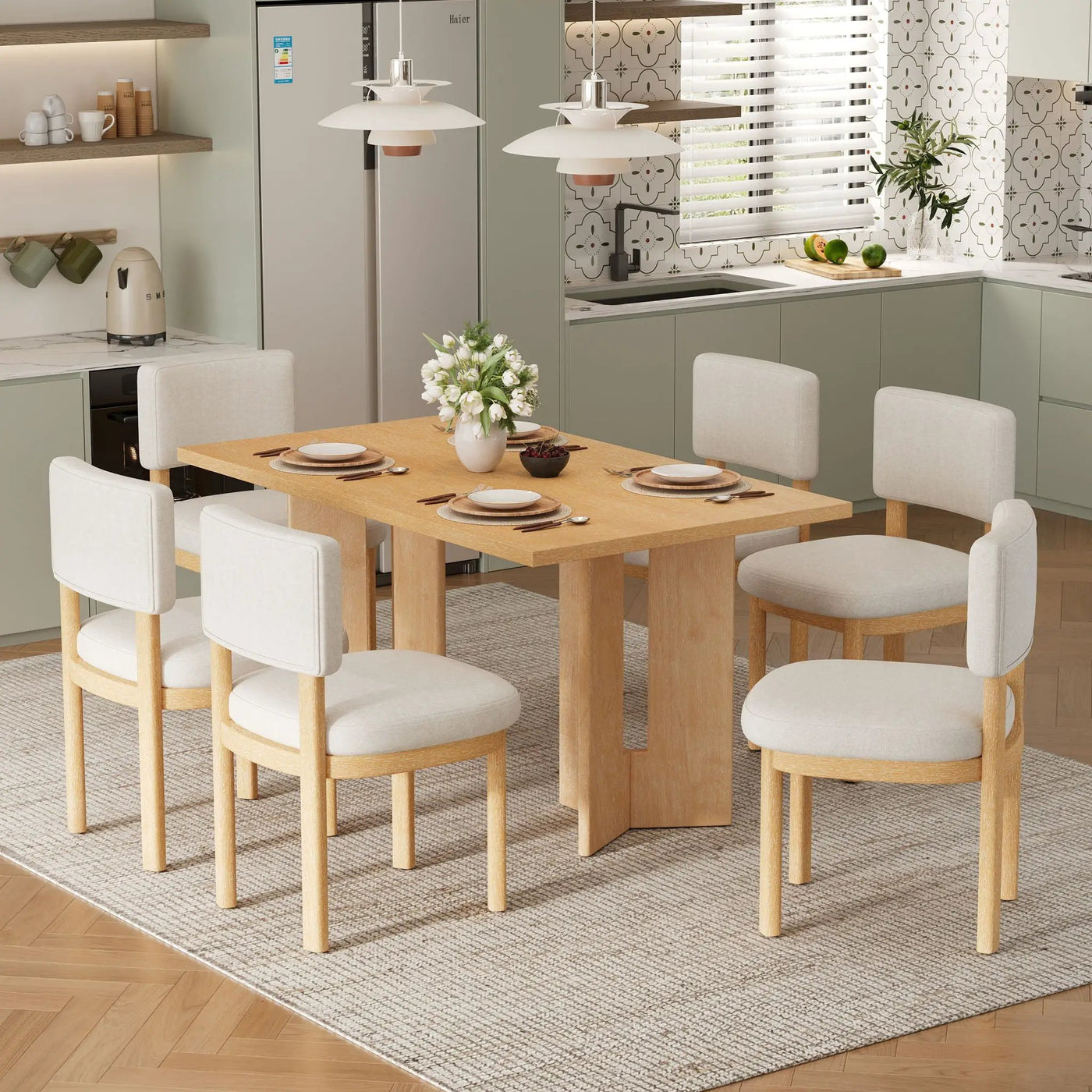 Dining Table Set With 6 Upholstered Chairs, Rectangular Table With Cutout Legs by HouseOfZazla