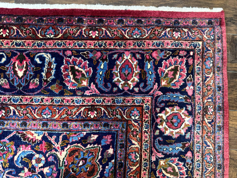 Antique Persian Mashad Rug 10x13, Red and Navy Blue, Great Colors, Signed By Masterweaver, Floral Medallion, Handmade Wool Persian Carpet by Jewel Rugs