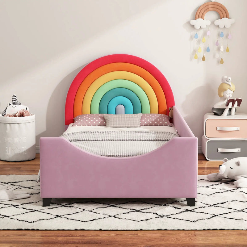 Rainbow Upholstered Twin Daybed Low To The Ground Design Cute Style Princess Bed - Colorful / Pink by HouseOfZazla