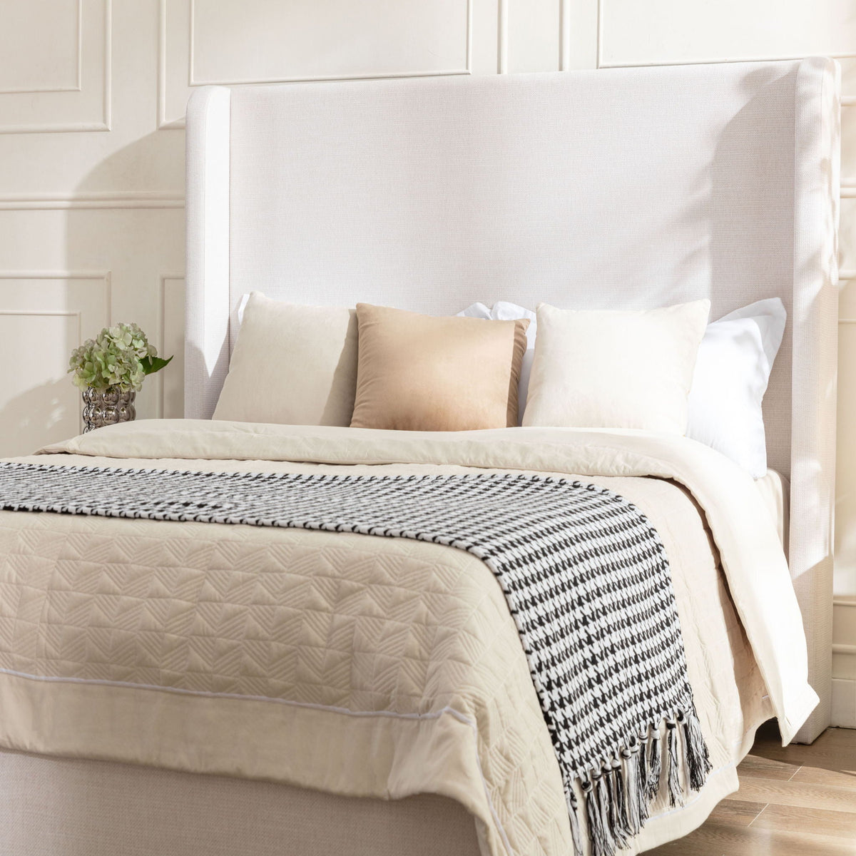 Tall Headboard Upholstered Bed with No Box Spring Needed - Cream, photo 18 of 40