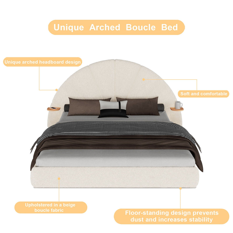 Queen Arched Bed With Small Table, Floor Standing Design - Beige by HouseOfZazla
