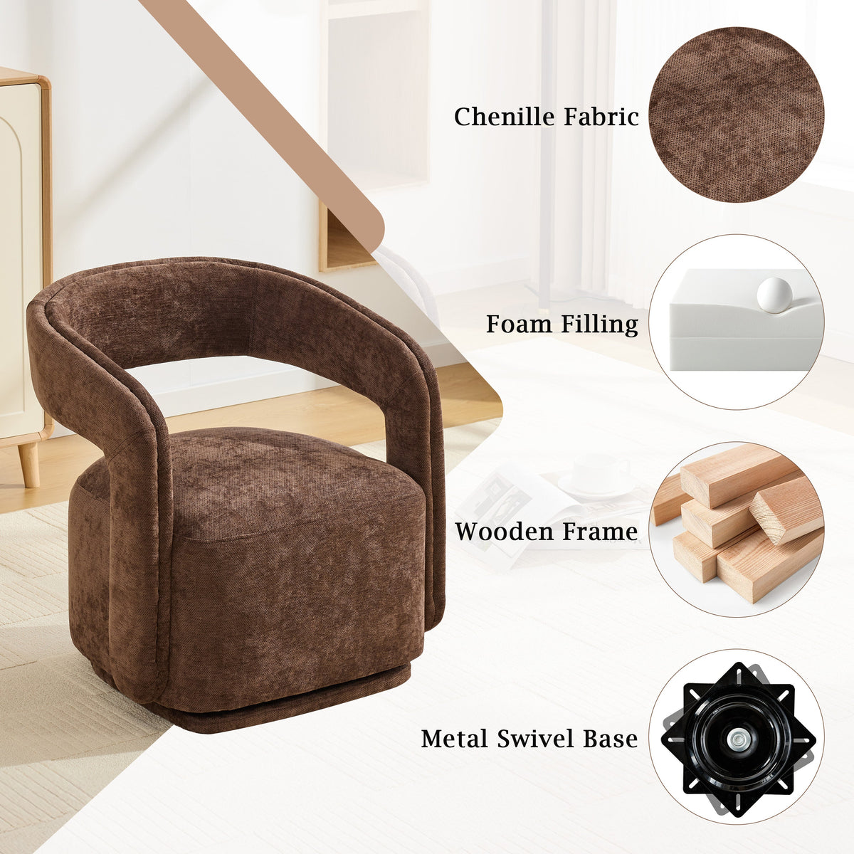 065-Chenille Fabric Swivel Accent Armchair, Comfy Barrel Leisure Chair With Curved Backrest, Upholstered Reading Chair With, photo 3 of 9