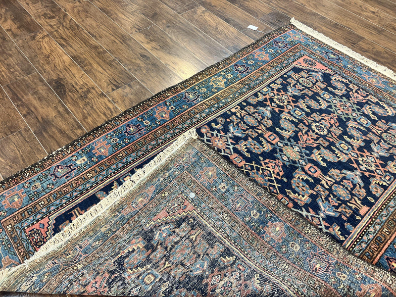 Antique Persian Tribal Rug 5x7, Navy Blue & Pink, Hand Knotted Handmade 1920s Wool Rug, Allover Pattern, Persian Hamadan Rug by Jewel Rugs
