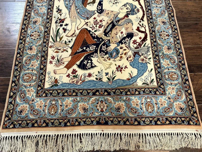 Persian Isfahan Pictorial Rug, Two Lovers, Kork Wool on Silk Foundation, Ivory and Light Blue, 500 KPSI Super Fine by Jewel Rugs