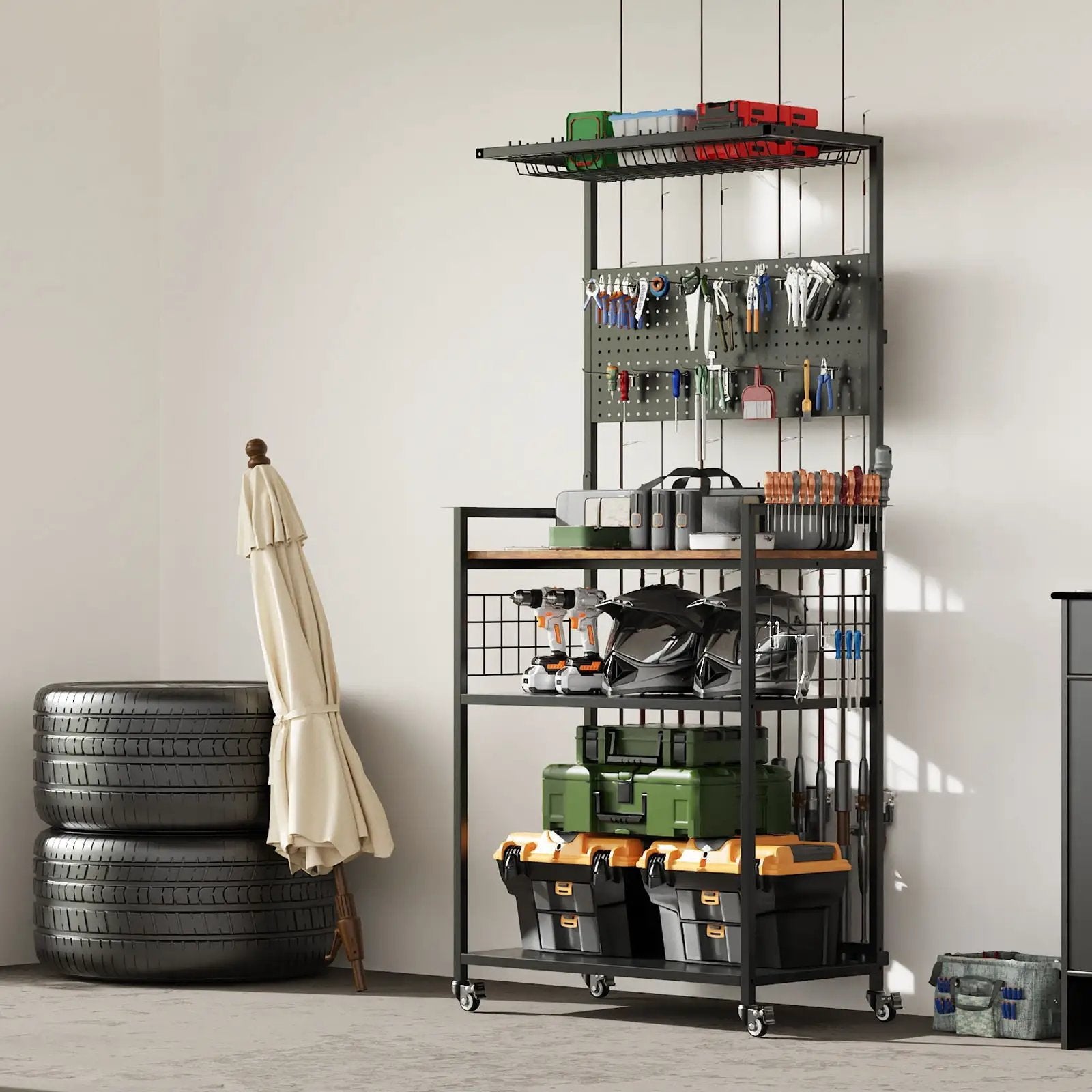 Fishing Rod Storage Rack With Pegboard, Rolling Tackle Organizer Cart - Black by HouseOfZazla