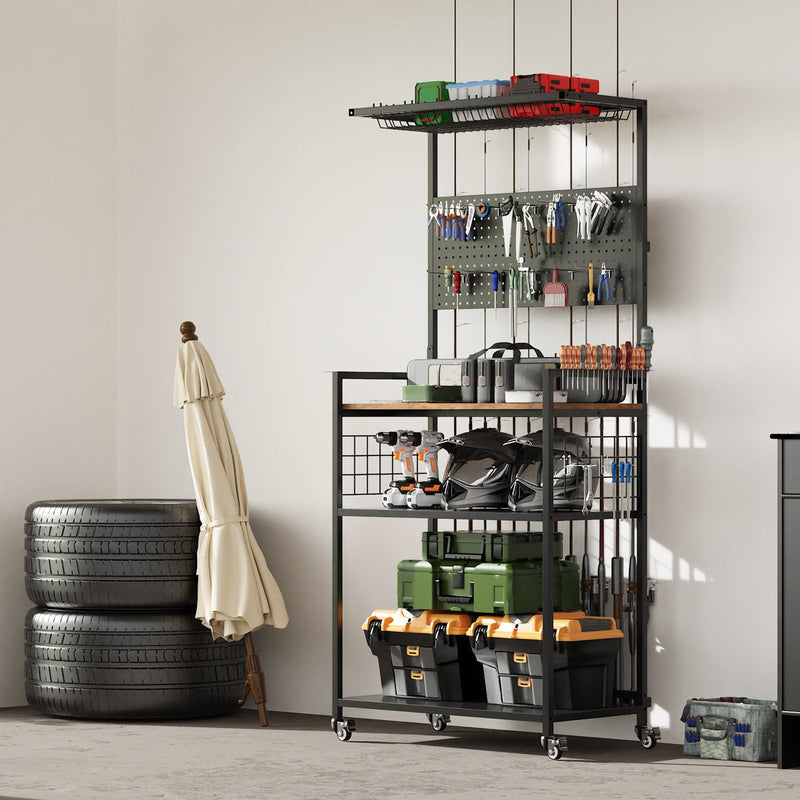Fishing Rod Storage Rack With Pegboard, Rolling Tackle Organizer Cart - Black by HouseOfZazla