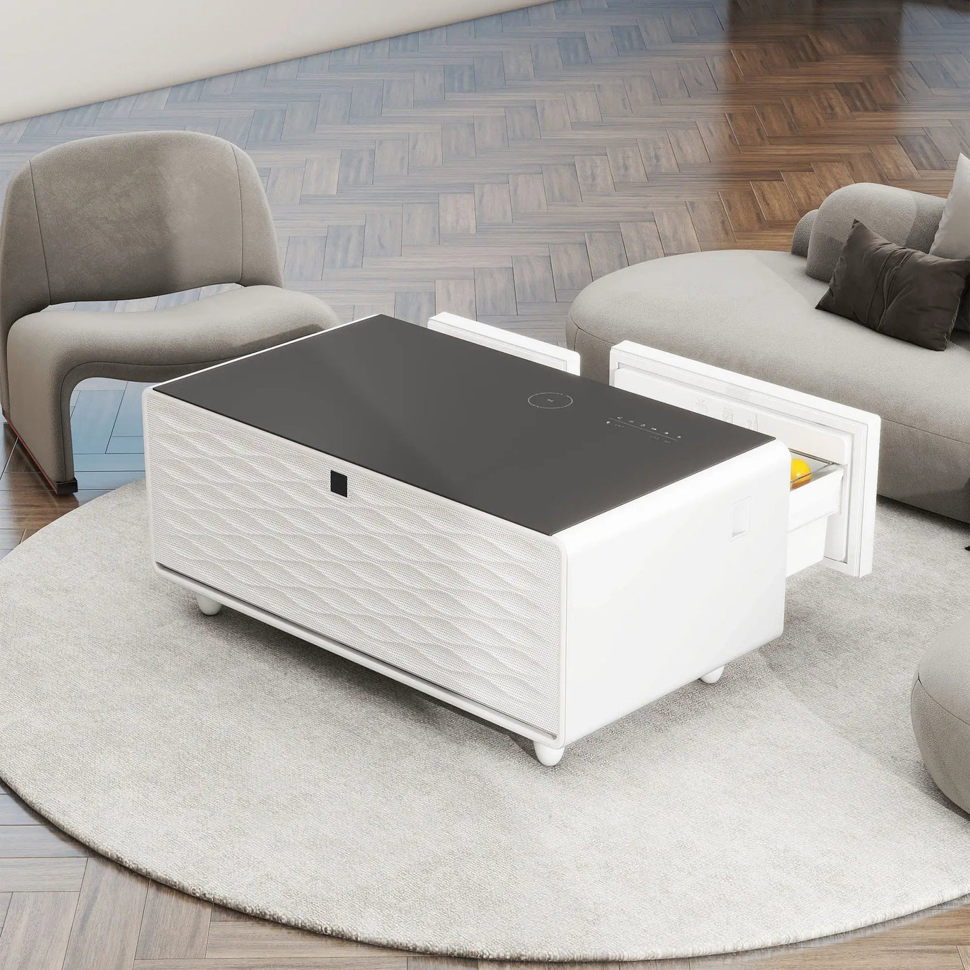 Modern Smart Coffee Table With Built-In Fridge - tooth Speaker, Wireless Charging, Touch Control Panel, USB Interface, Outlet Protection, Atmosphere Light by HouseOfZazla