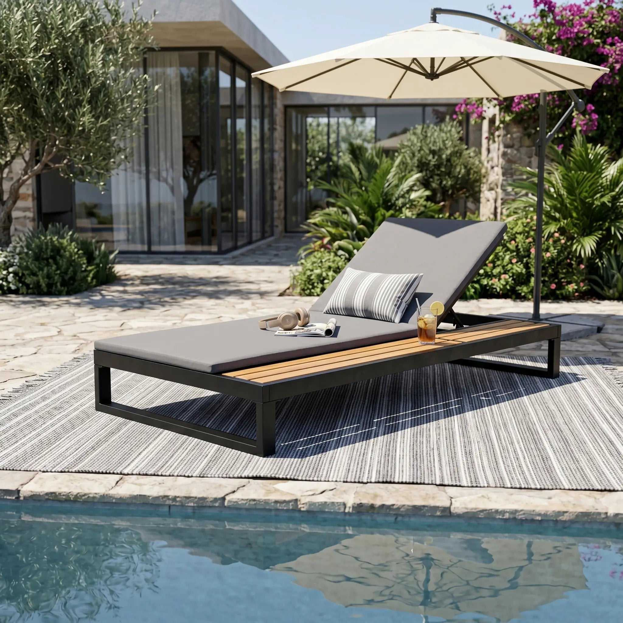 Black Iron & Teak Finish Chaise Lounge Set by HouseOfZazla