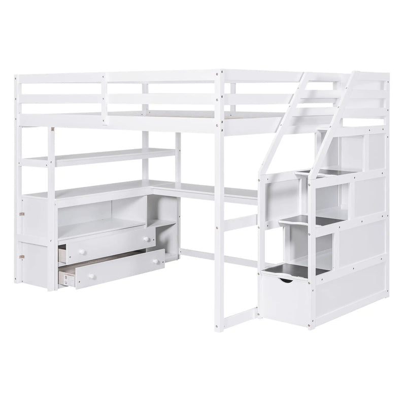 Loft Bed With Desk, Shelves, 2 Drawers, Storage Staircase