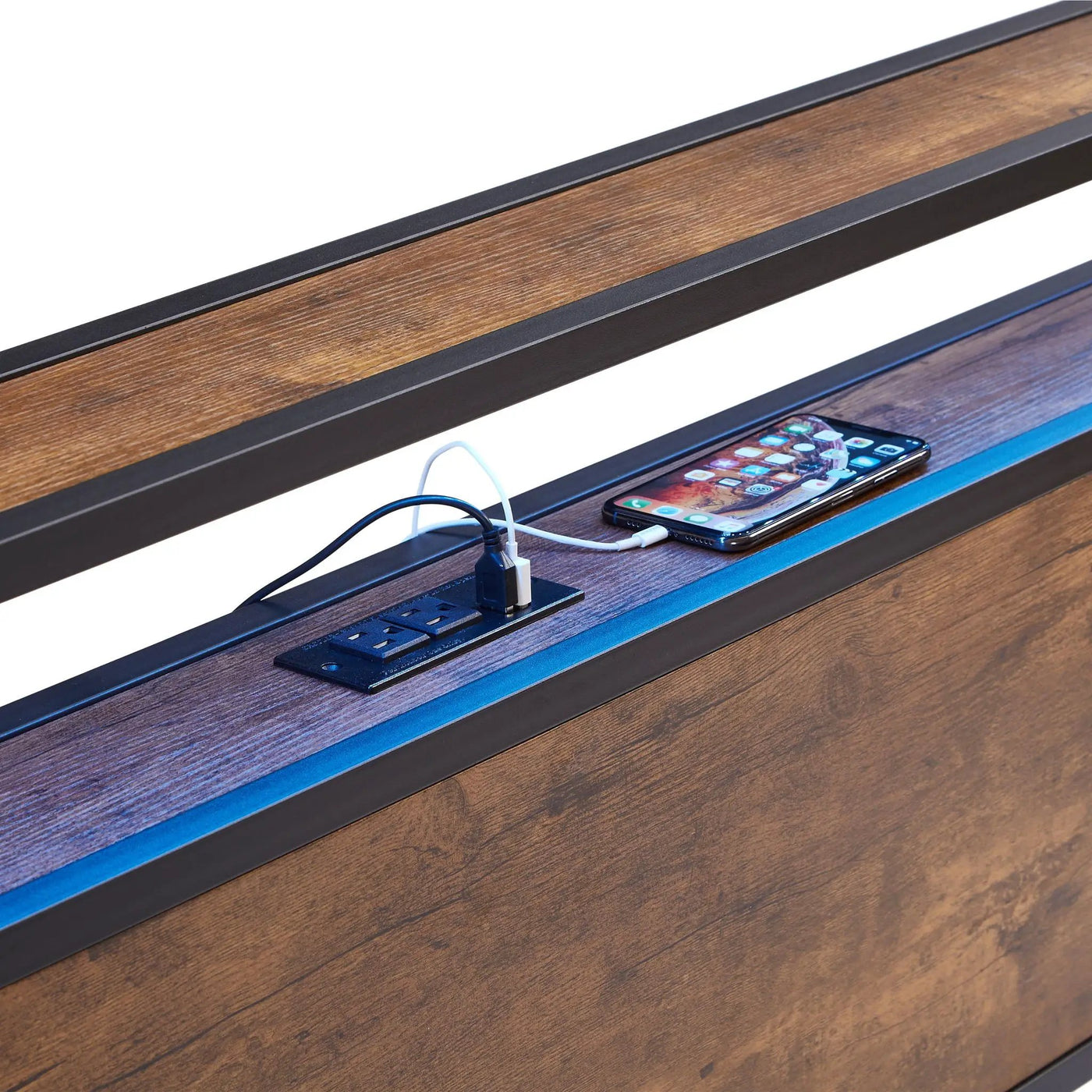 Metal Platform Bed Frame With Wooden Headboard And Footboard With USB Liner, LED Lights, No Box Spring Needed, Large Under Bed Storage by HouseOfZazla
