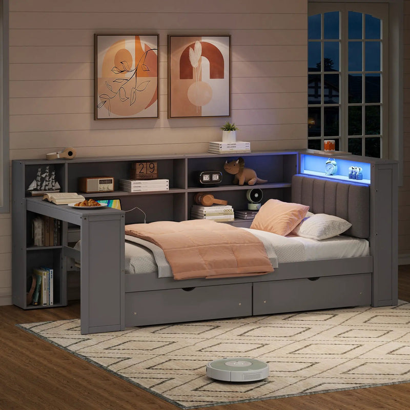 Platform Bed With Upholstered Headboard, Storage Shelves, Drawers, Charging Station, LED Lighting, Built In Desk by Unique Piece Furniture