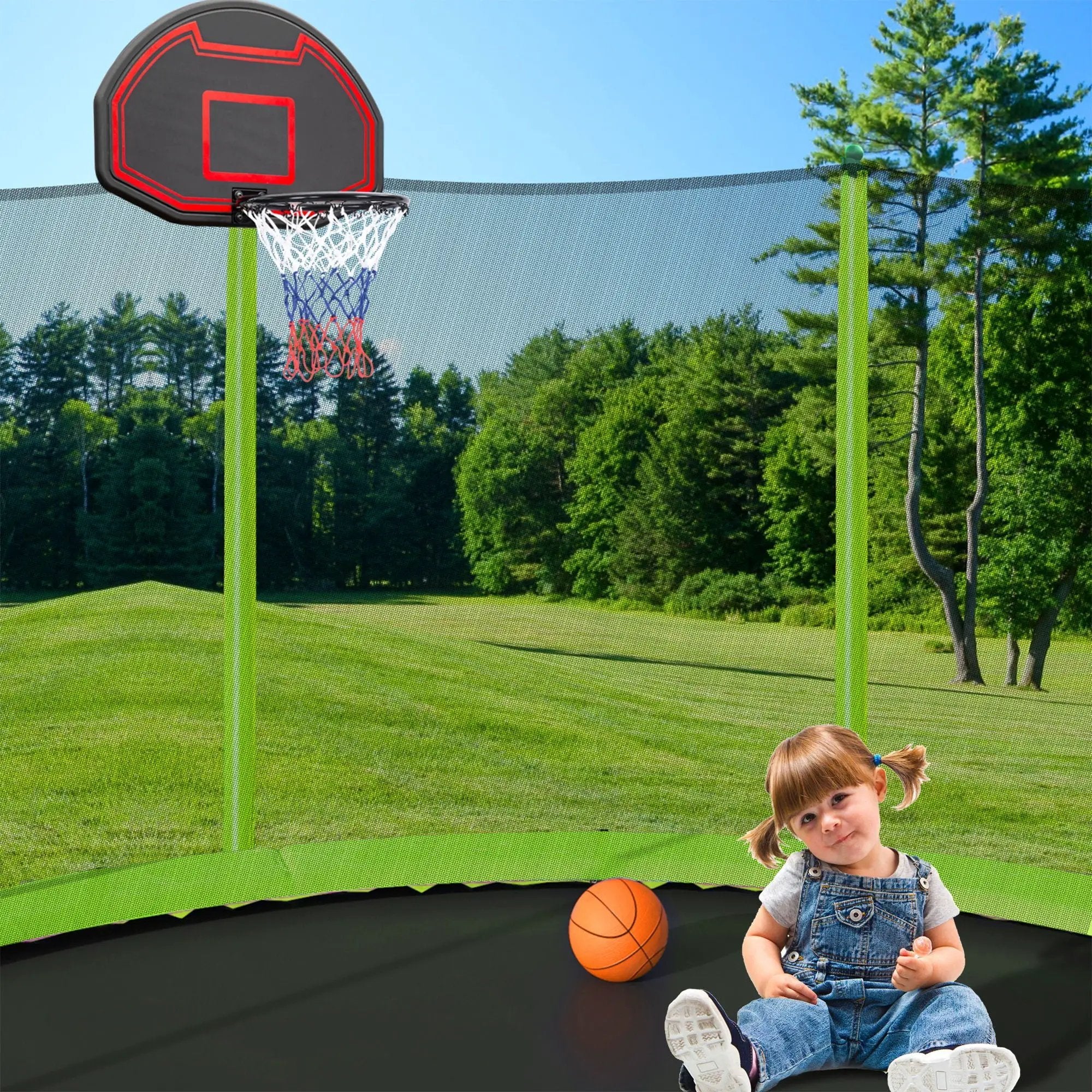 14Ft Trampoline With Basketball Hoop Inflator And Ladder (Inner Safety Enclosure) - Green by HouseOfZazla