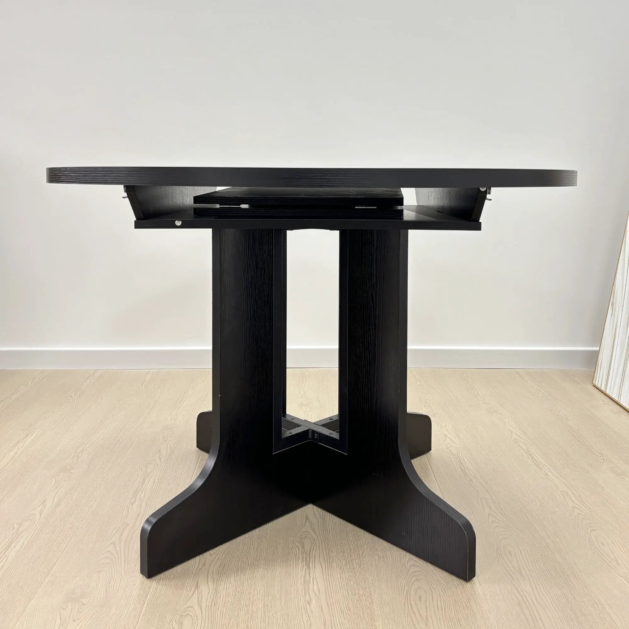Dining Table For Farmhouse Kitchen Expandable Oval Table Top With Removable Leaf Trestle X Shaped Base - Black by HouseOfZazla