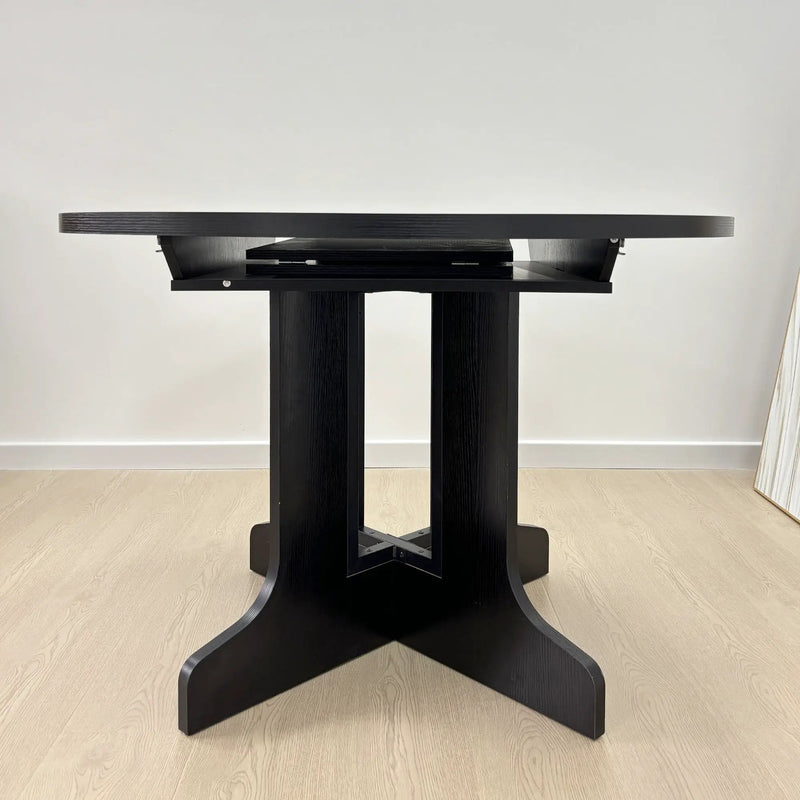 Dining Table For Farmhouse Kitchen Expandable Oval Table Top With Removable Leaf Trestle X Shaped Base - Black by HouseOfZazla