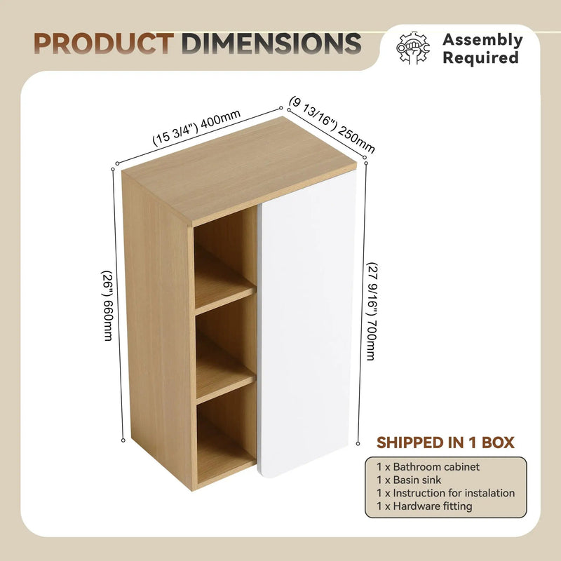 Wall Mounted Bathroom Side Cabinet, Single Door With 3 Tier Open Shelves - Black / Light Oak / White by HouseOfZazla