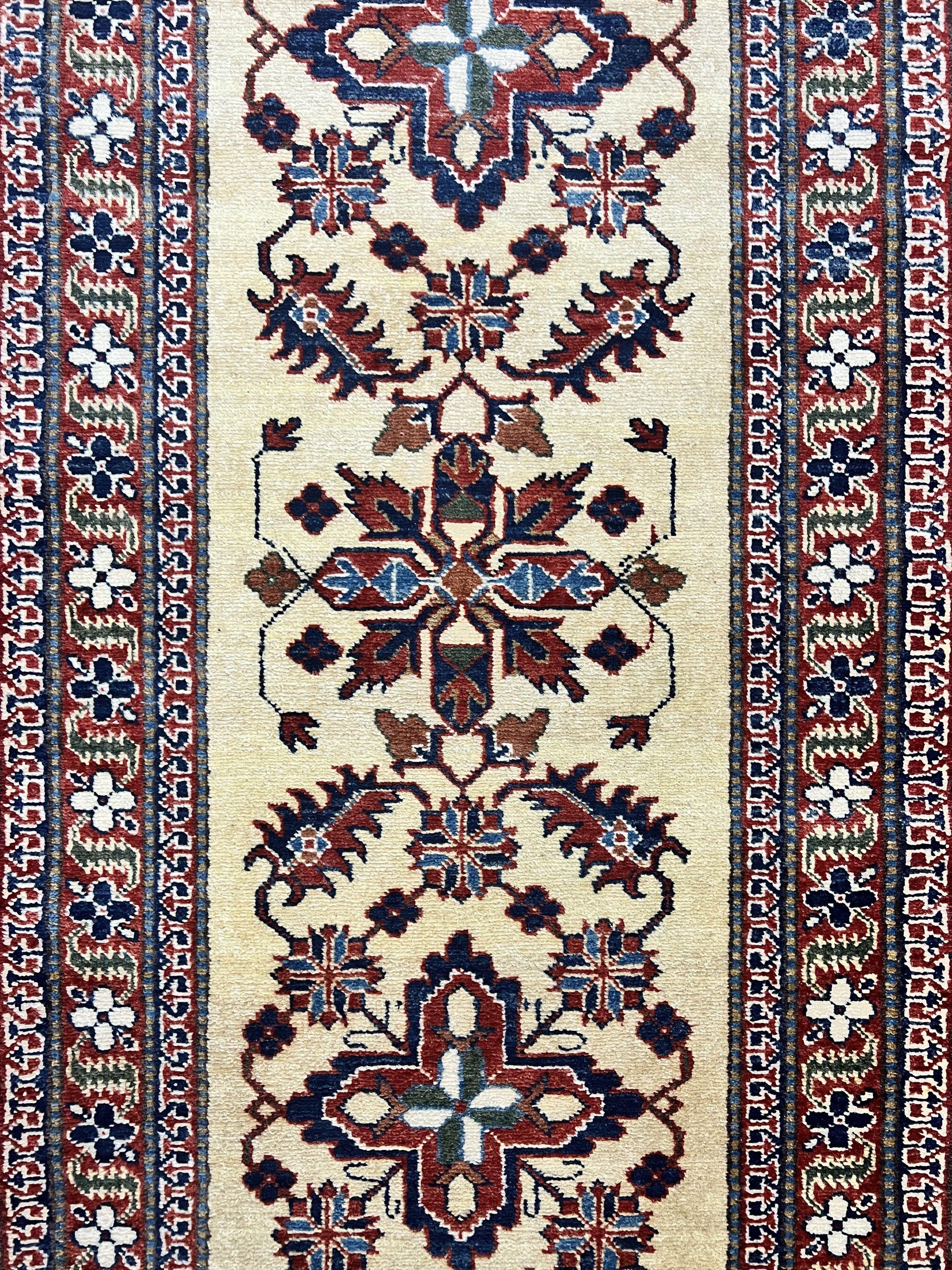 Afghan Heriz Runner Rug 2.9 x 12, Vintage Hand Knotted Persian Carpet for Hallway, 12ft Runner, Wool, Cream by Jewel Rugs