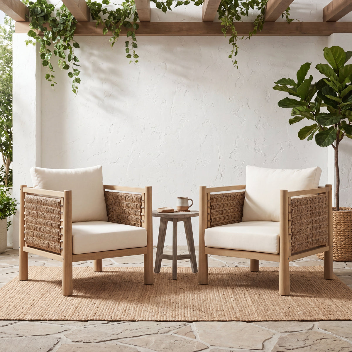 Acacia Wood Outdoor Dining Chairs with Woven Seats - Set of 2, photo 3 of 10