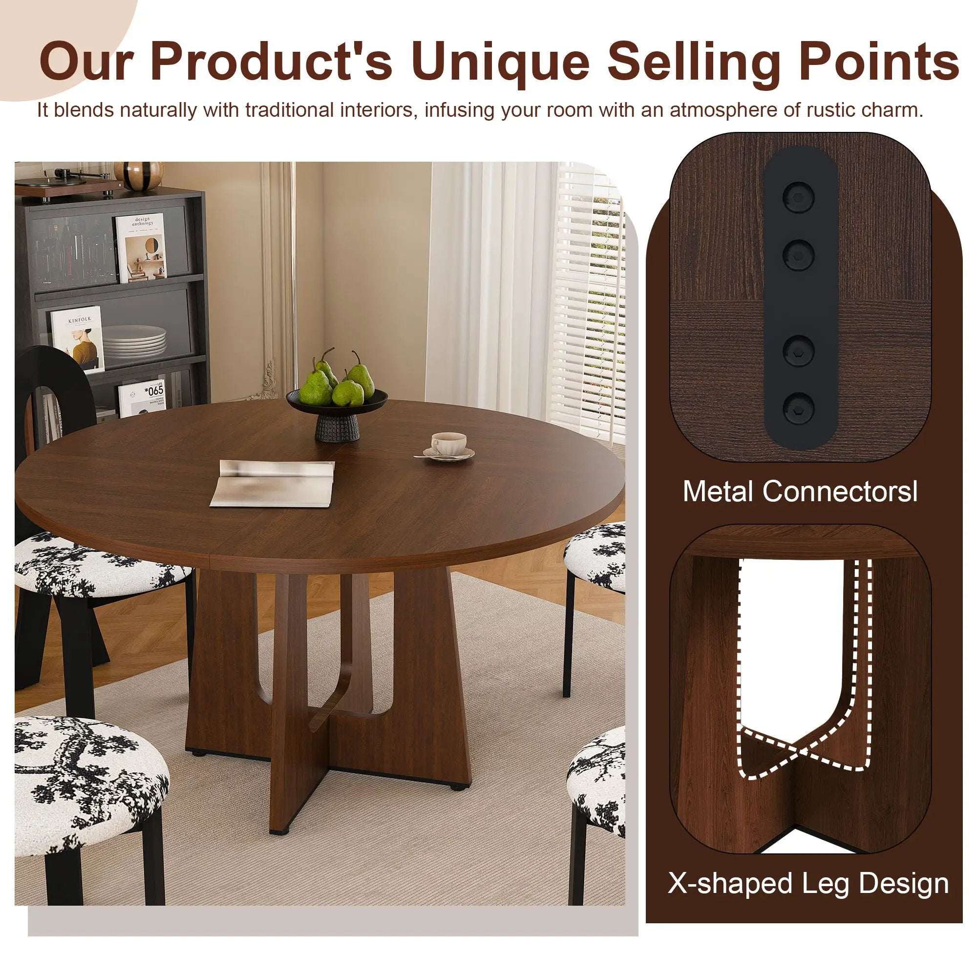 Round Dining Table For 4 With 4 Upholstered Chairs - Walnut / Black by HouseOfZazla