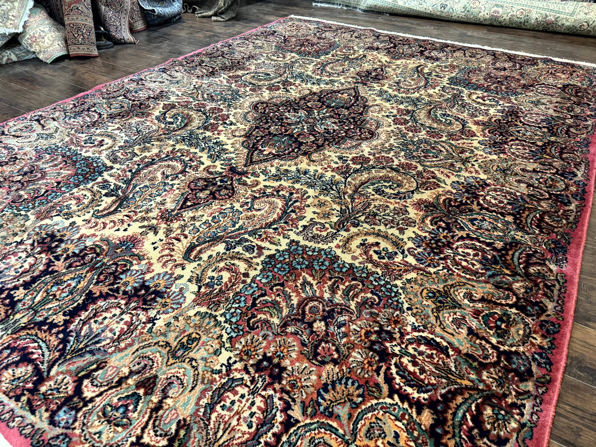 Antique Karastan Kirman Rug 8.8 x 12, Imperial Karastan #1427, Ivory Kirman by Jewel Rugs