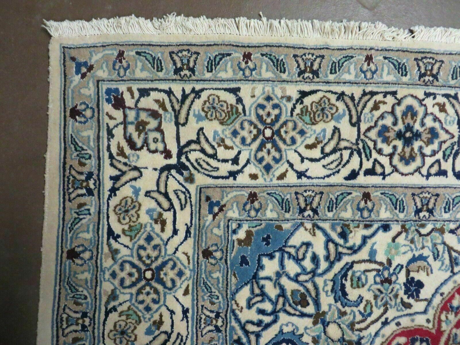 Square Persian Nain Rug 6'3" x 6' 8", Hand-Knotted, Wool with Silk Accents, Ivory Red Blue by Jewel Rugs