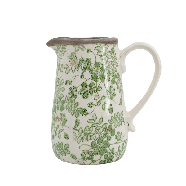 6.3x4.5x7.1' White Ceramic Pitcher Vase with Green Floral Pattern