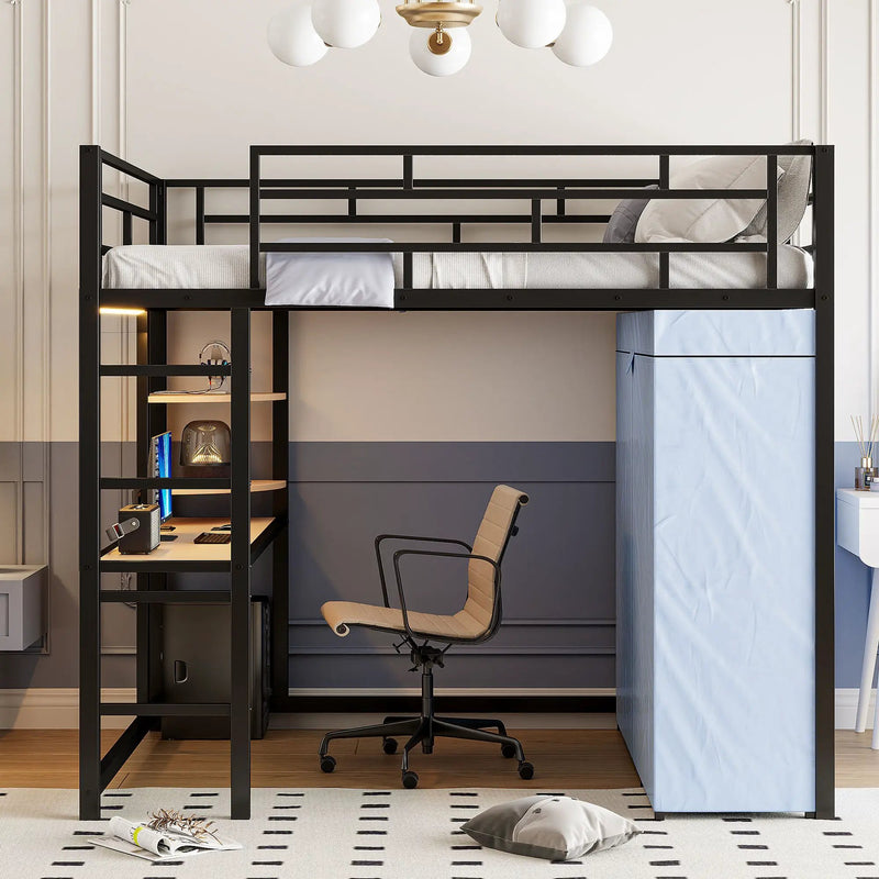 Loft Bed With Desk, Shelves, Power Outlet, LED Light And Wardrobe by HouseOfZazla