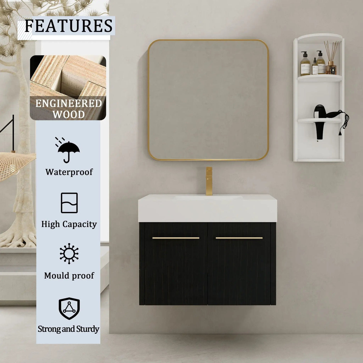 Modern Wall Mounted Bathroom Vanity with Resin Sink and Storage Rack by HouseOfZazla