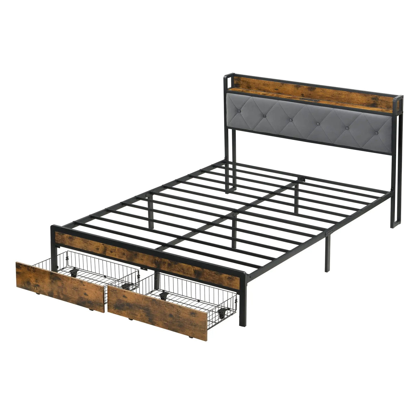 Modern Bed Frame With LED Lights, Upholstered Headboard, USB Charging by HouseOfZazla