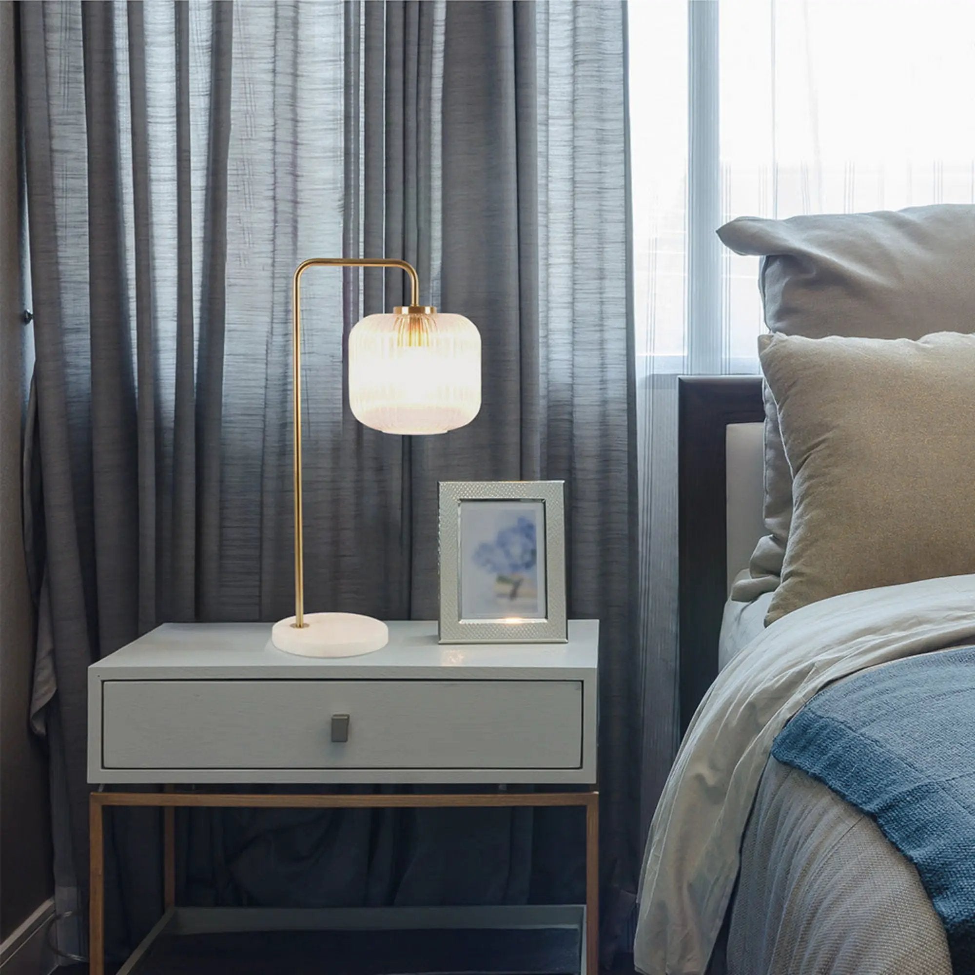 Haven - Clear Table Lamp, Button Control - Gold / White / White Marble by Unique Piece Furniture
