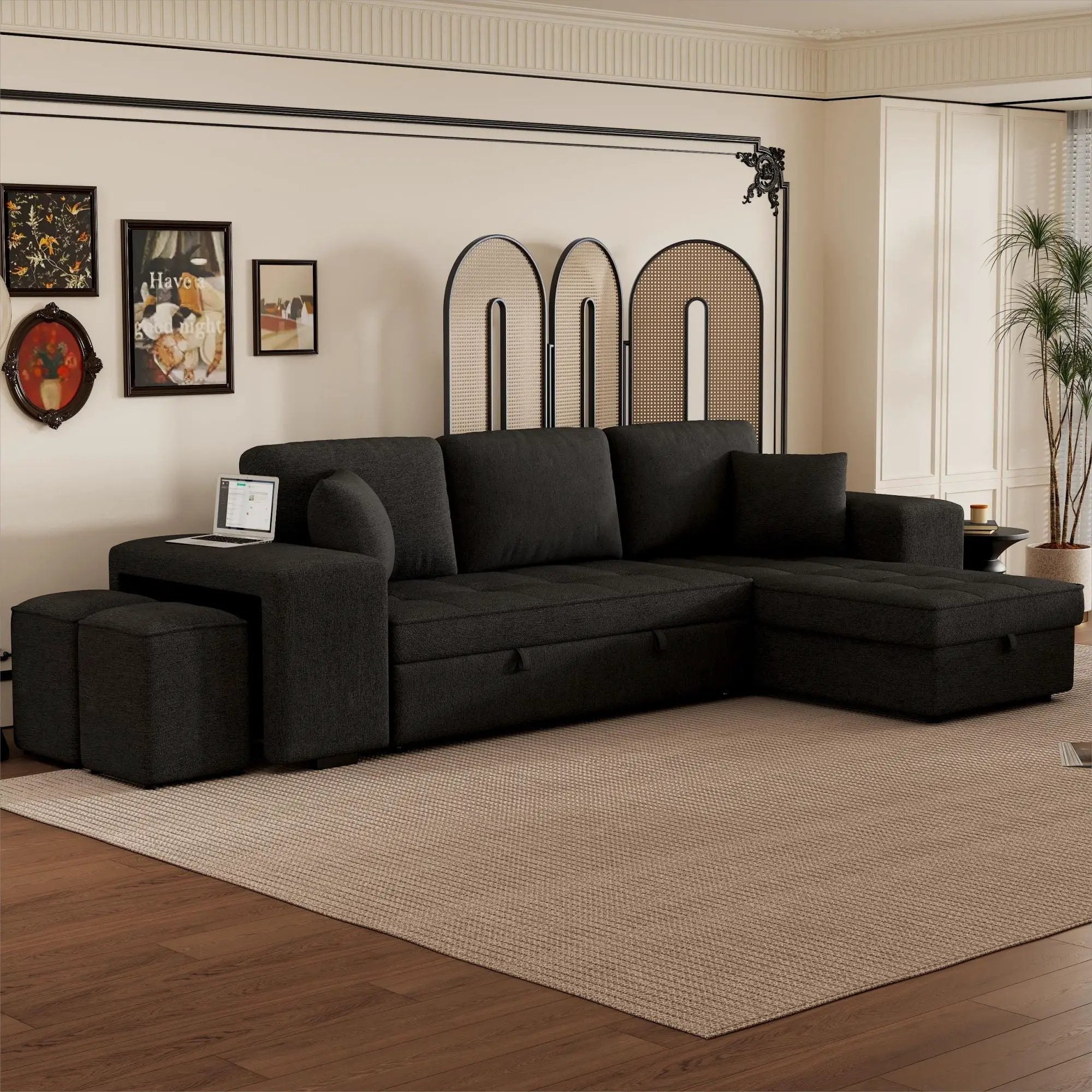 Modern L-Shape 3 Seat Reversible Sectional Couch, Pull Out Sleeper Sofa With Storage Chaise And 2 Stools For Living Room Furniture Set by HouseOfZazla