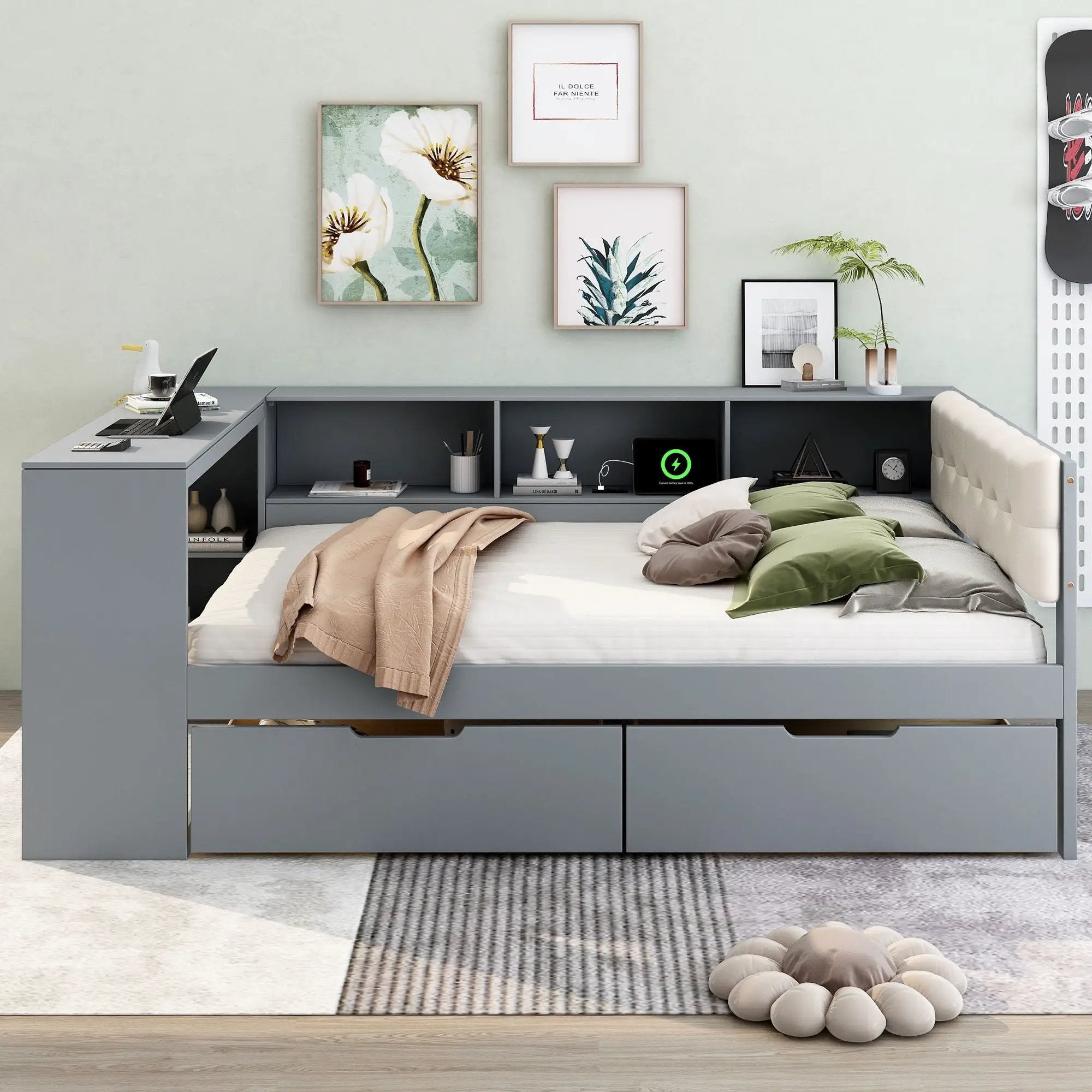 Upholstered Headboard Platform Bed With Storage Shelves, Drawers, Charging Station by Unique Piece Furniture