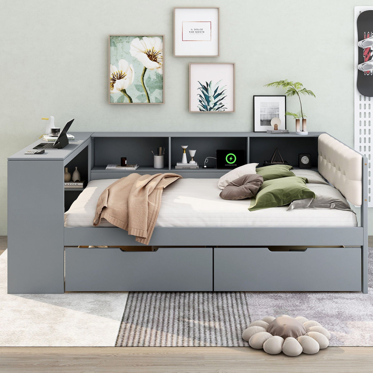 Upholstered Headboard Storage Bed with Shelves, Drawers, and Charging Station - Dark Gray or Beige, photo 20 of 40