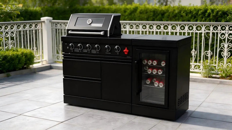 65" 4-Burner 72,000 BTU Black Outdoor Kitchen Island Grill Marble Countertops Wine Cooler by Chery Industrial