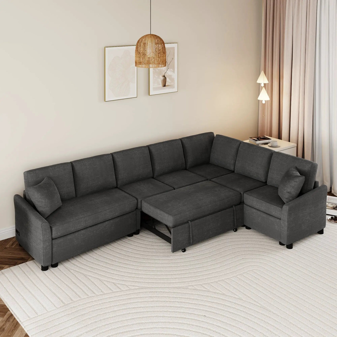 L-Shaped Sofa Convertible Sofa Bed Pull Out Sofa Sleeper With Two Back Pillows, Two USB Ports And Two Power Sockets For Living Room by HouseOfZazla