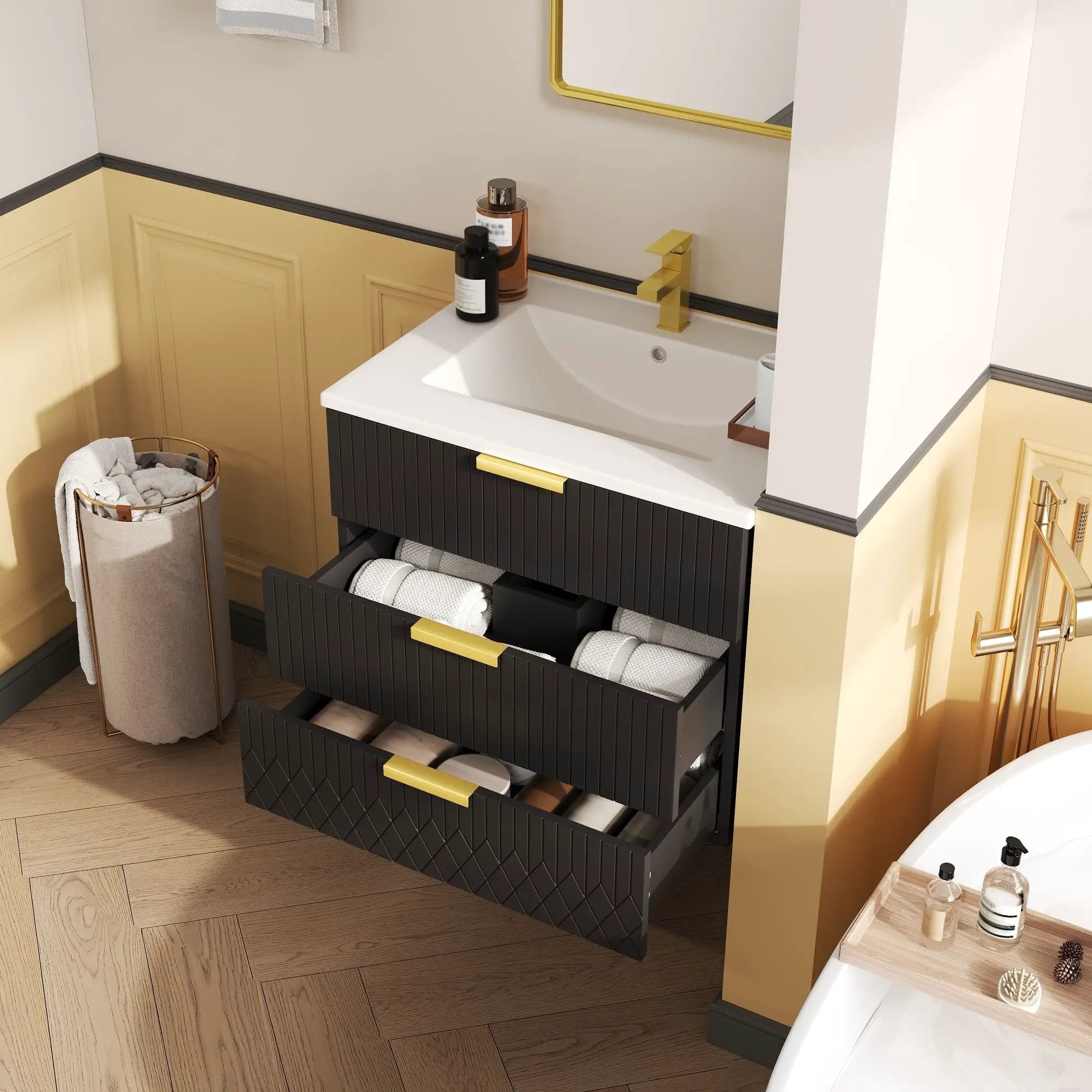 Wall Mounted Floating Cabinet With Double Drawer, Rectangular Sink by HouseOfZazla