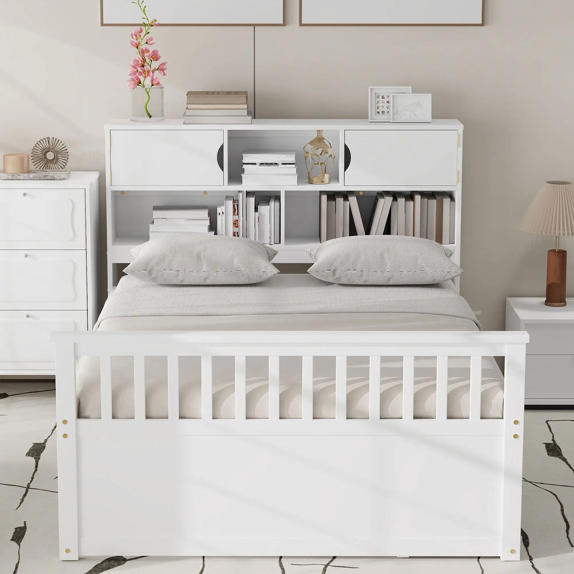 Captain Platform Bed Frame With Bookcase Headboard, 4 Drawers, Storage Shelves by HouseOfZazla