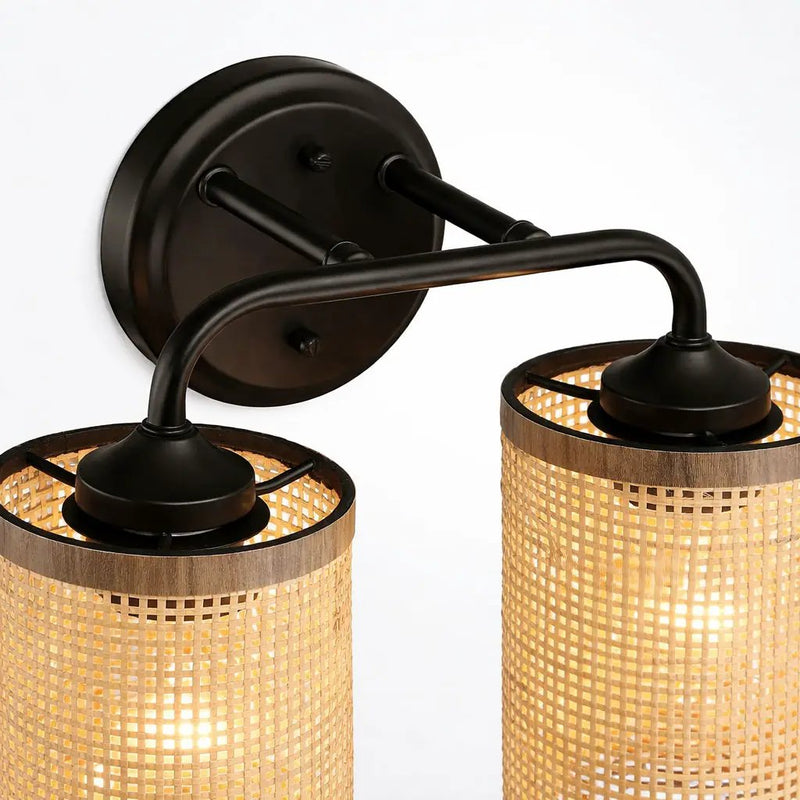 Quell - Double Light Vanity With Natural Shade Wall Lamp - Black / Rattan by HouseOfZazla