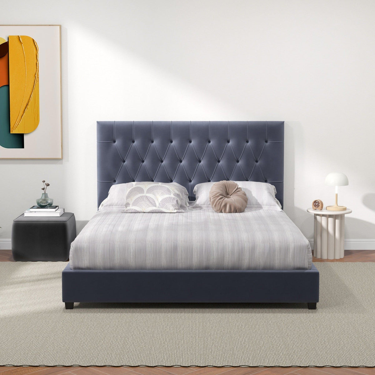 Dark Gray Mid-Century Modern Upholstered Platform Bed with Foam Headboard, photo 11 of 16