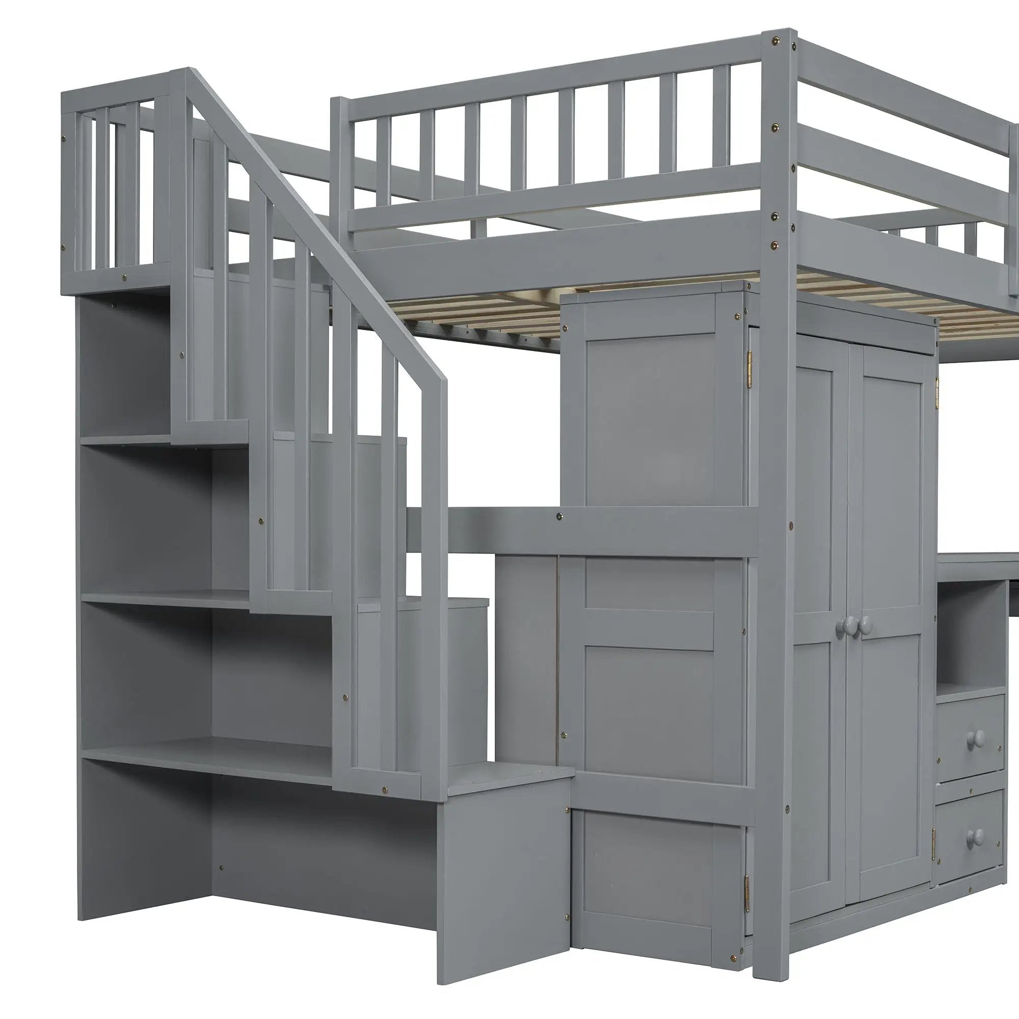 Loft Bed With Stairs, Bookshelf, Drawers, Desk & Wardrobe, Space Saving Multifunctional Furniture by HouseOfZazla