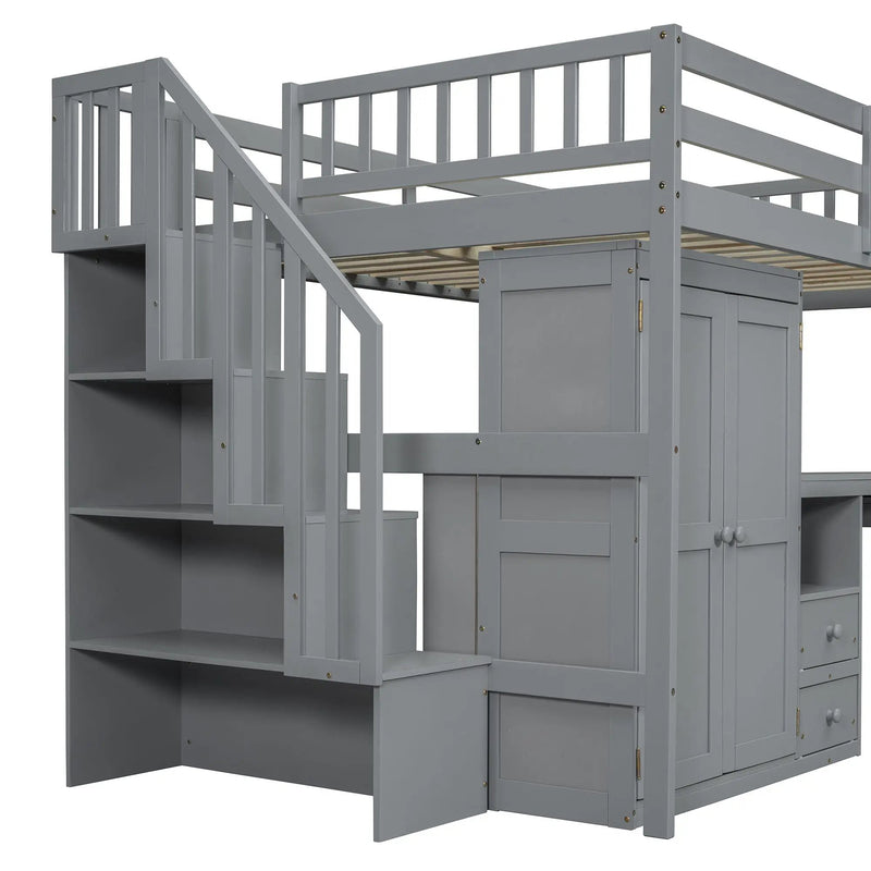 Loft Bed With Stairs, Bookshelf, Drawers, Desk & Wardrobe, Space Saving Multifunctional Furniture by HouseOfZazla