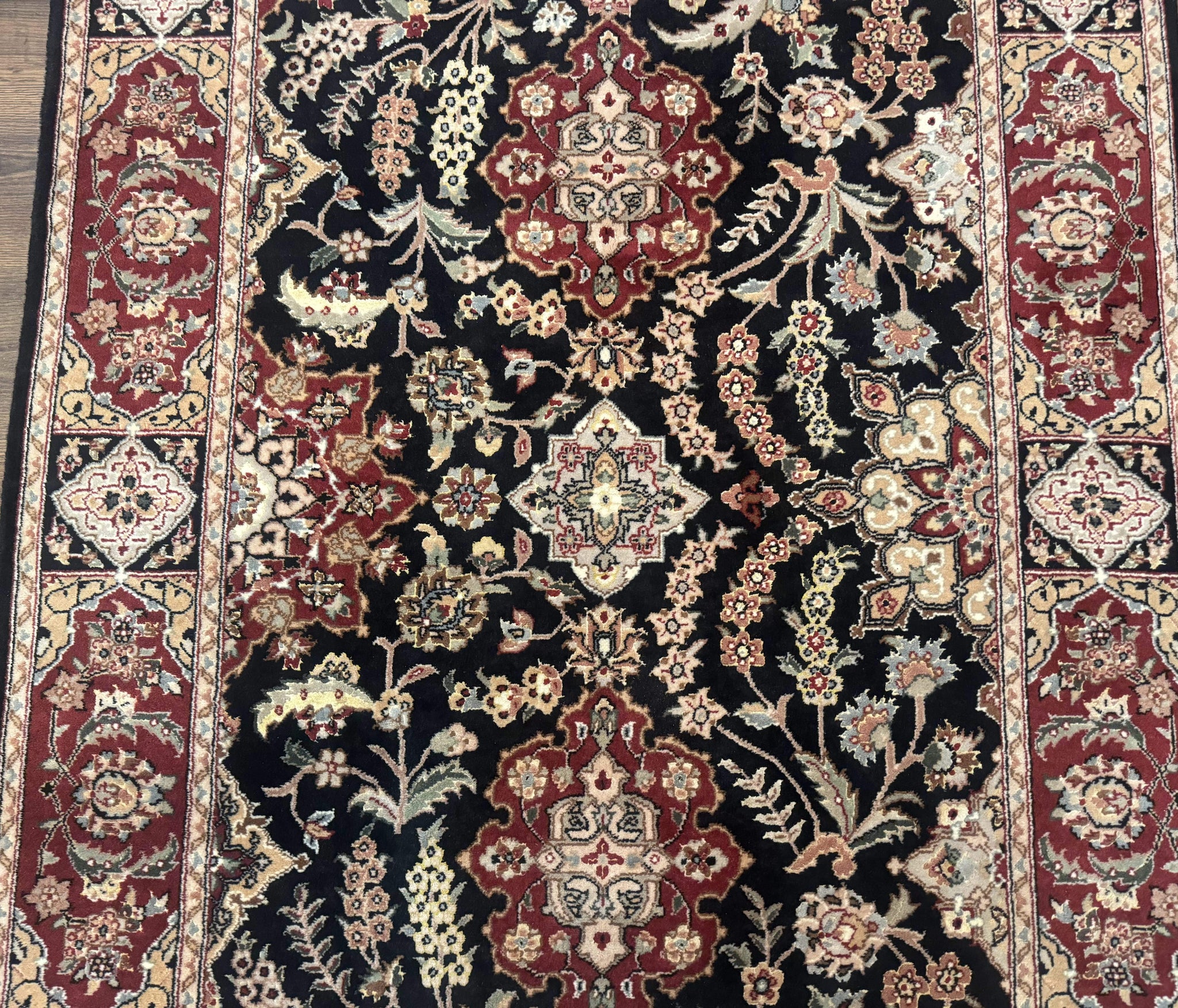 Pak Persian Rug 4x6, Black and Burgundy, Floral Allover, Wool and Silk by Jewel Rugs