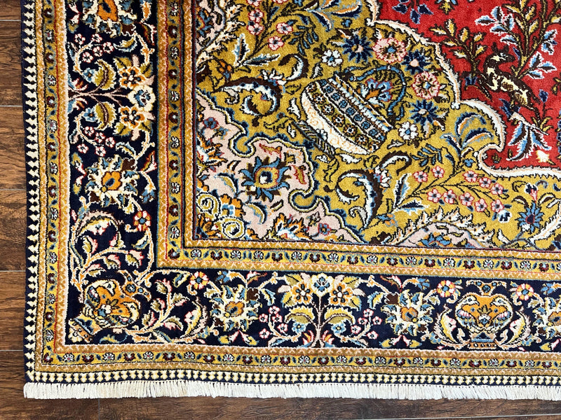 Wonderful Persian Qum Rug 10x14, Wool w/ Silk Highlights, Hand Knotted Semi Antique Vintage Carpet, Red, Floral, Fine Weave, Birds Deer Pictorials by Jewel Rugs