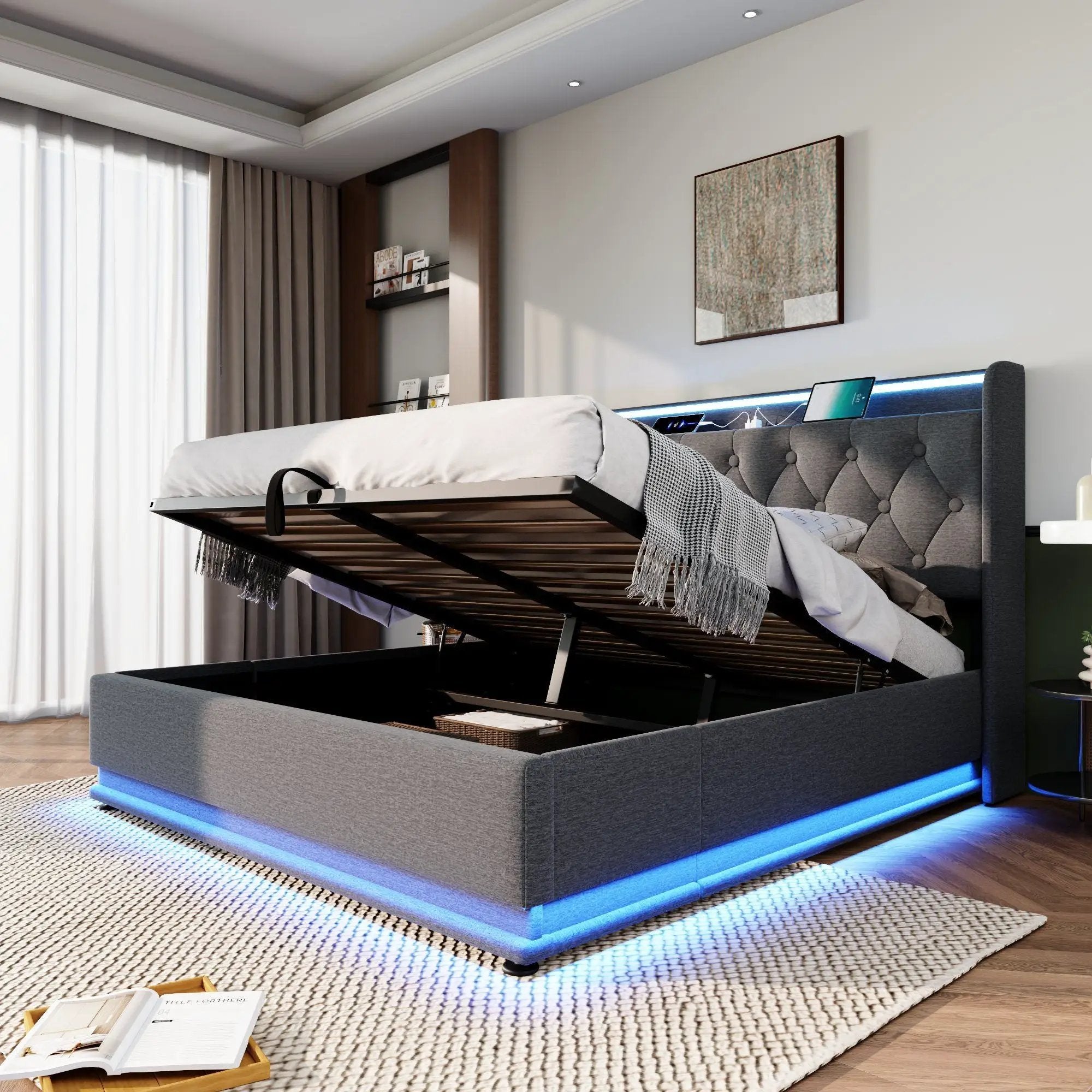 Upholstered Bed, 360 Surround LED Function, Remote Control, Hydraulic Storage Bed With USB, Type-C Charging (Without Mattress) by HouseOfZazla