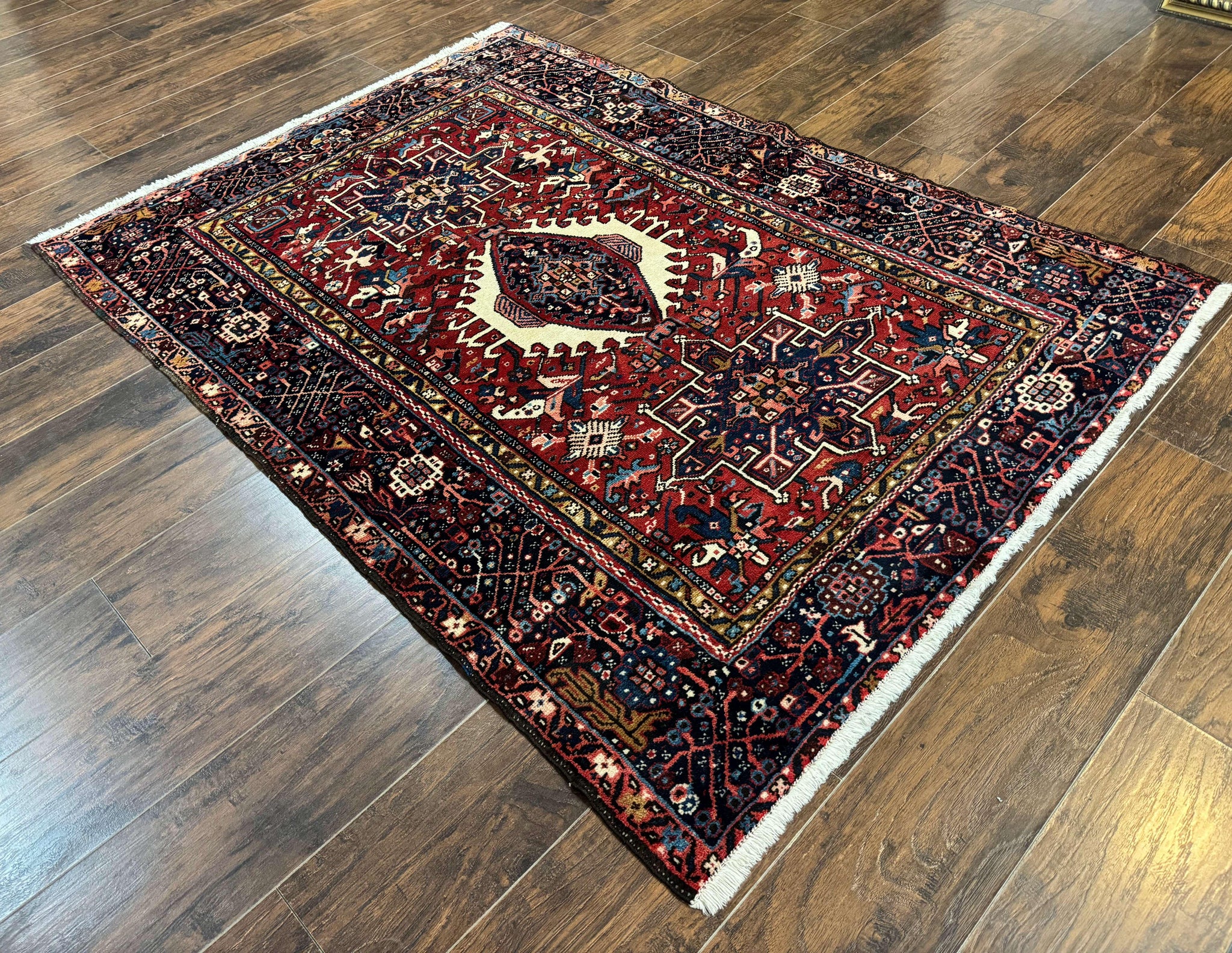 Persian Karajeh Rug 5x6, Antique Heriz Carpet, Geometric, Persian Tribal Rug, Brick Red Navy Blue by Jewel Rugs