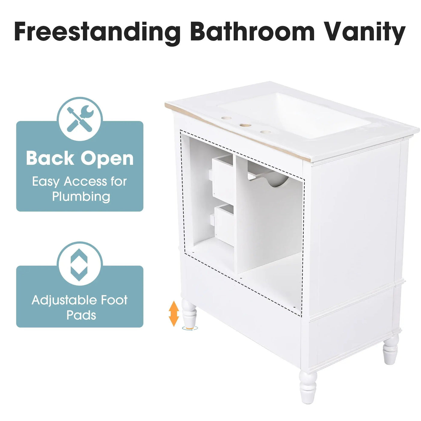 30" Bathroom Vanity With Sink, 3 Drawers, Adjustable Feet by HouseOfZazla