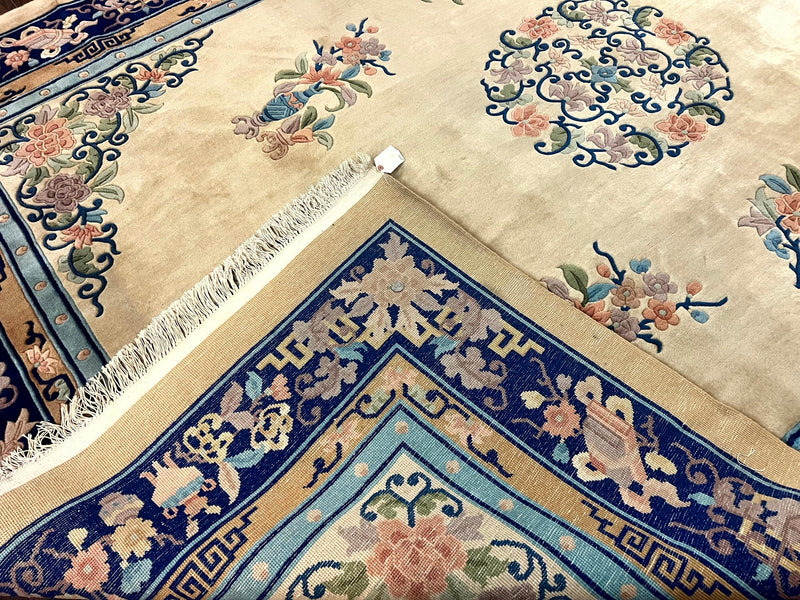 Chinese Wool Rug 8x11, Peking Asian Oriental Carpet, Cream/Ivory and Blue, Vintage Handmade Rug, Art Deco Rug by Jewel Rugs
