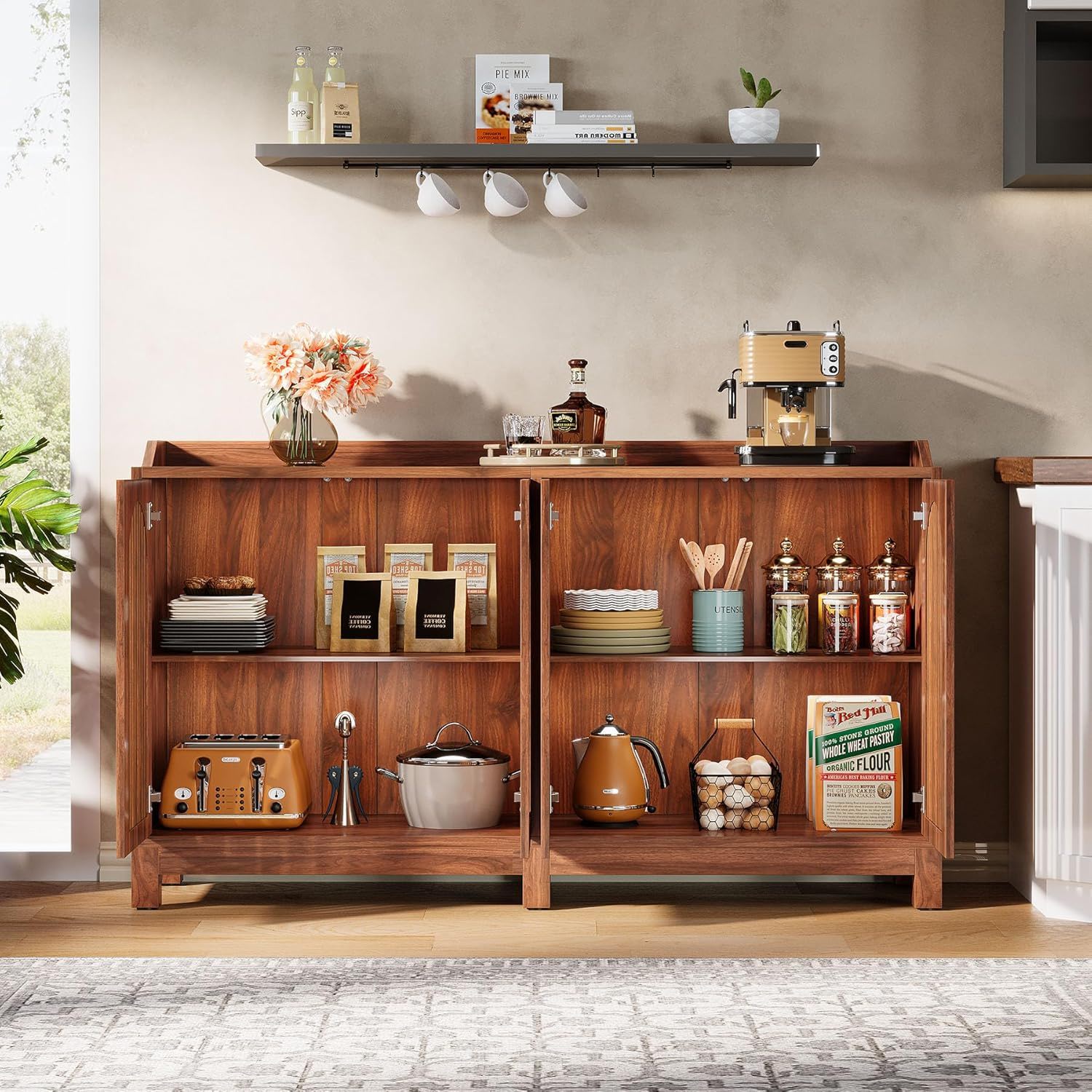 Sideboard Buffet Cabinet With 4 Doors & Shelves, Credenza Table For Dining Room - Brown by HouseOfZazla